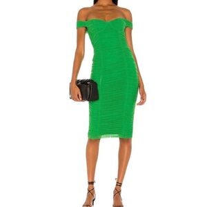MAJORELLE Vibrant Green Off-Shoulder Midi Dress